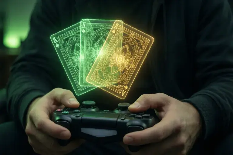 Three glowing cards over a controller