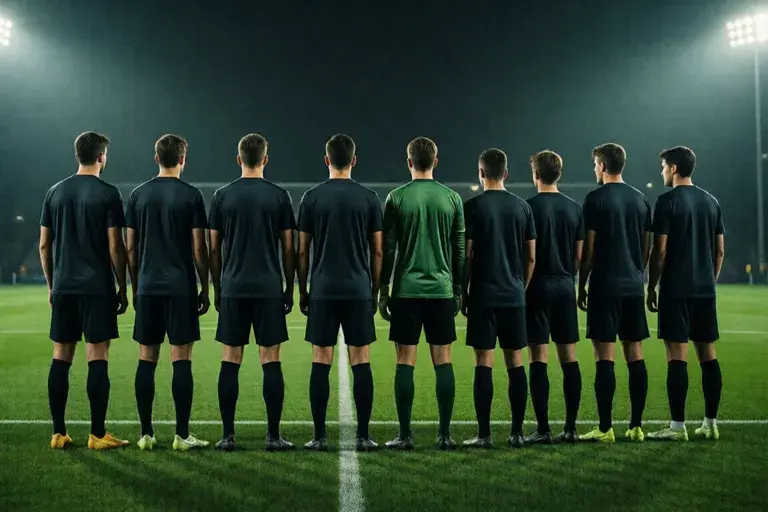 Eleven players lined up from behind on a lit pitch