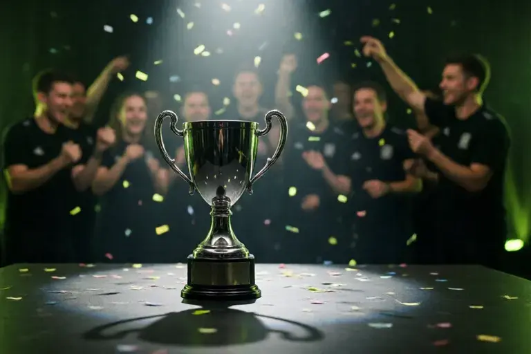 Silver trophy under a spotlight