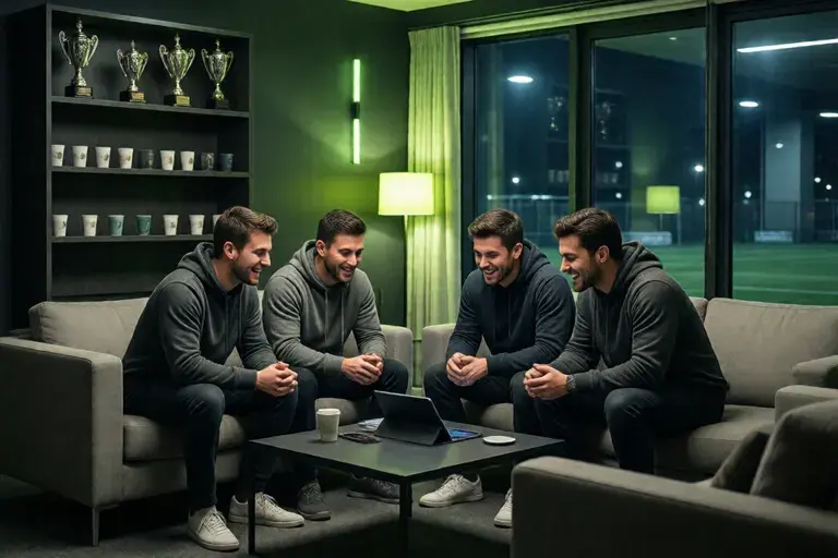 Friends planning on a tablet in a club lounge
