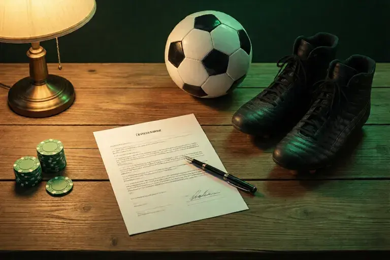 Signed contract on a desk beside green chips, a ball and boots