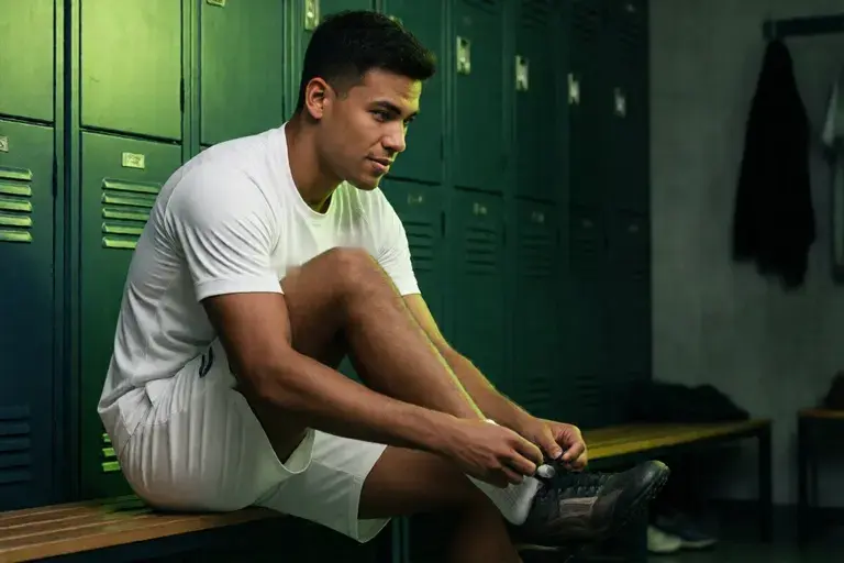 Player lacing boots on a locker room bench