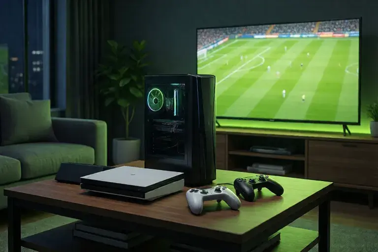 Living room with a console, a PC and a handheld side by side