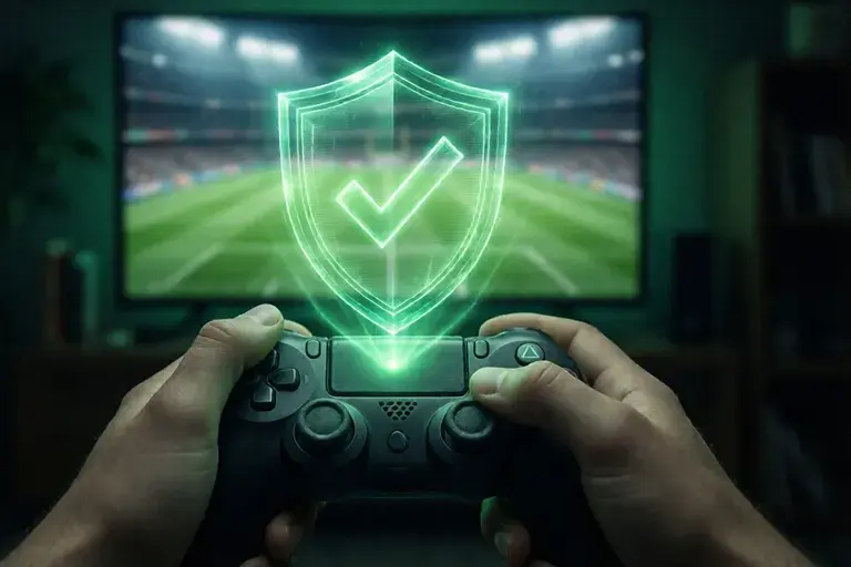 Hands on a controller with a green verification shield above
