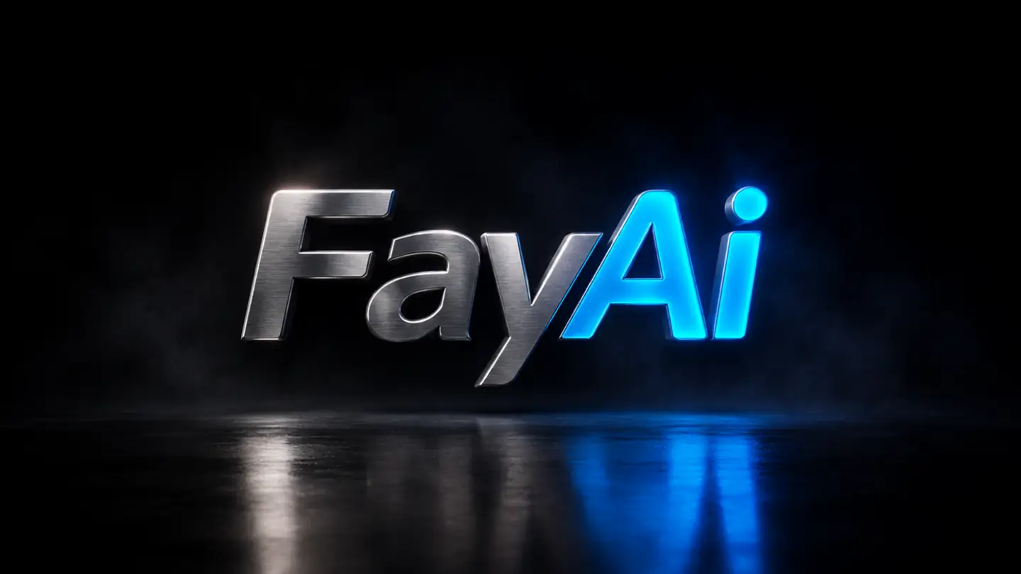O estúdio se desfaz em fragmentos que voam para o centro e formam o logo da FayAi.