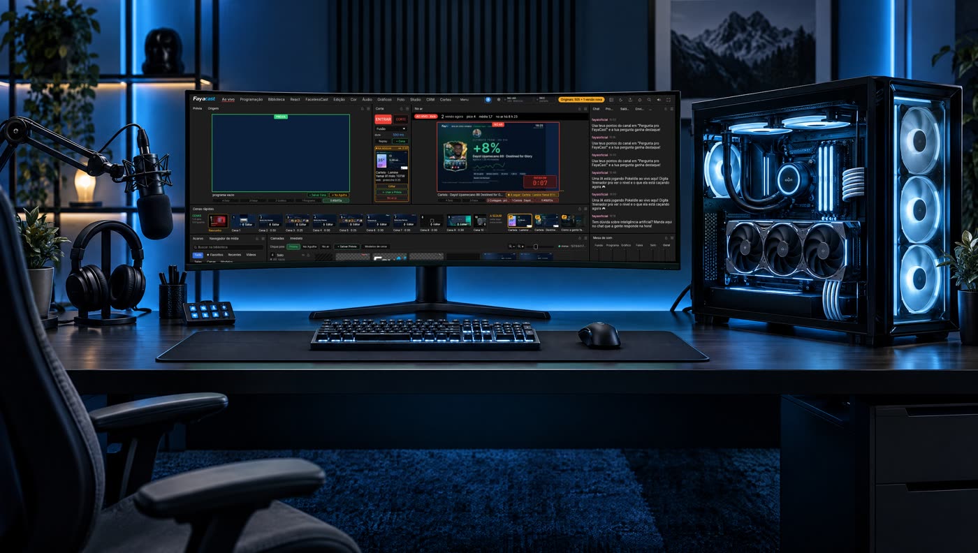 Workstation com monitor ultrawide e o Fayacast aberto
