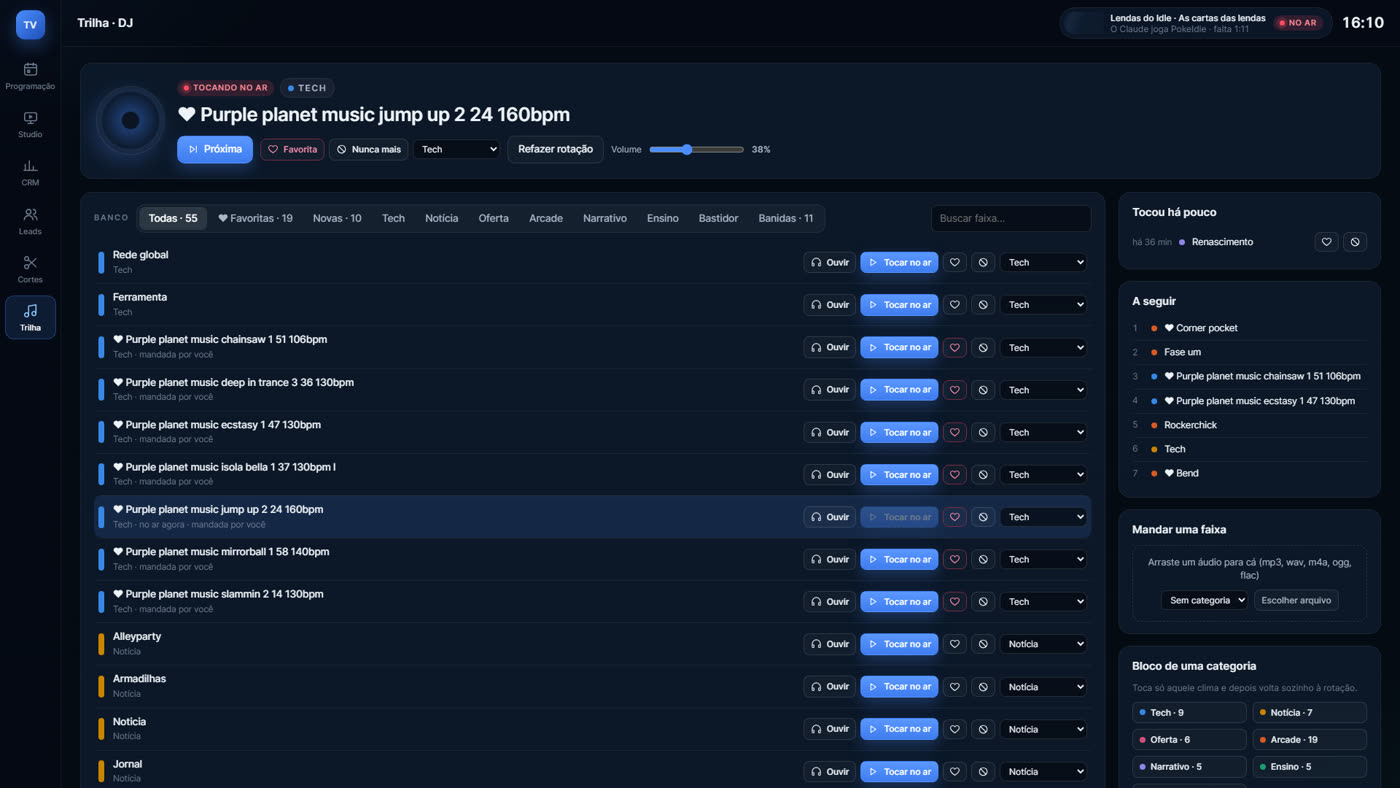 Trilha DJ: biblioteca de músicas por categoria, favoritas e fila