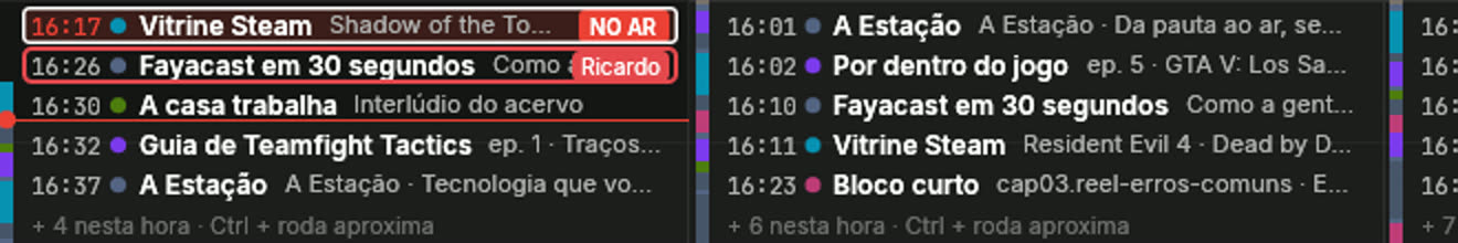 Na tela da Bia, o bloco Fayacast em 30 segundos aparece com a etiqueta vermelha Ricardo