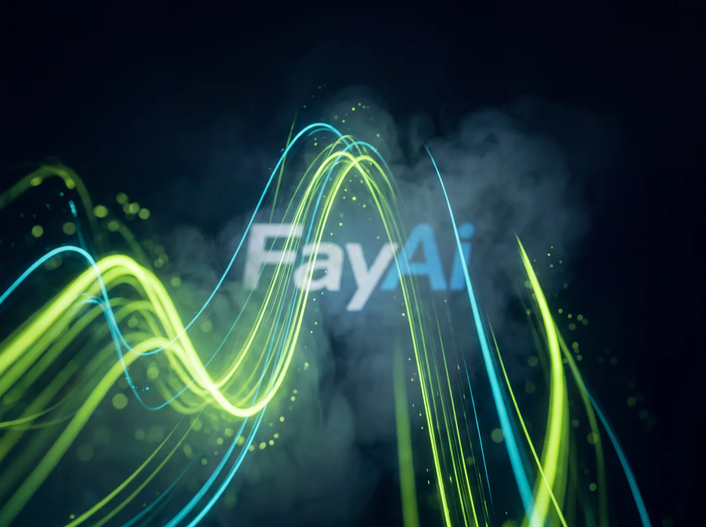 Rastros de luz subindo e caindo, com a marca FayAi projetada na névoa